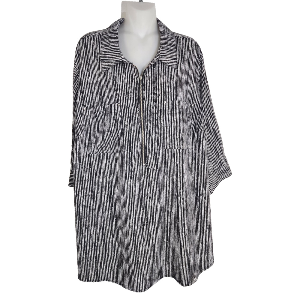 Catherines Women Top Half Zip Popover 2XWP Black Geometric 3/4 Sleeve Stretch